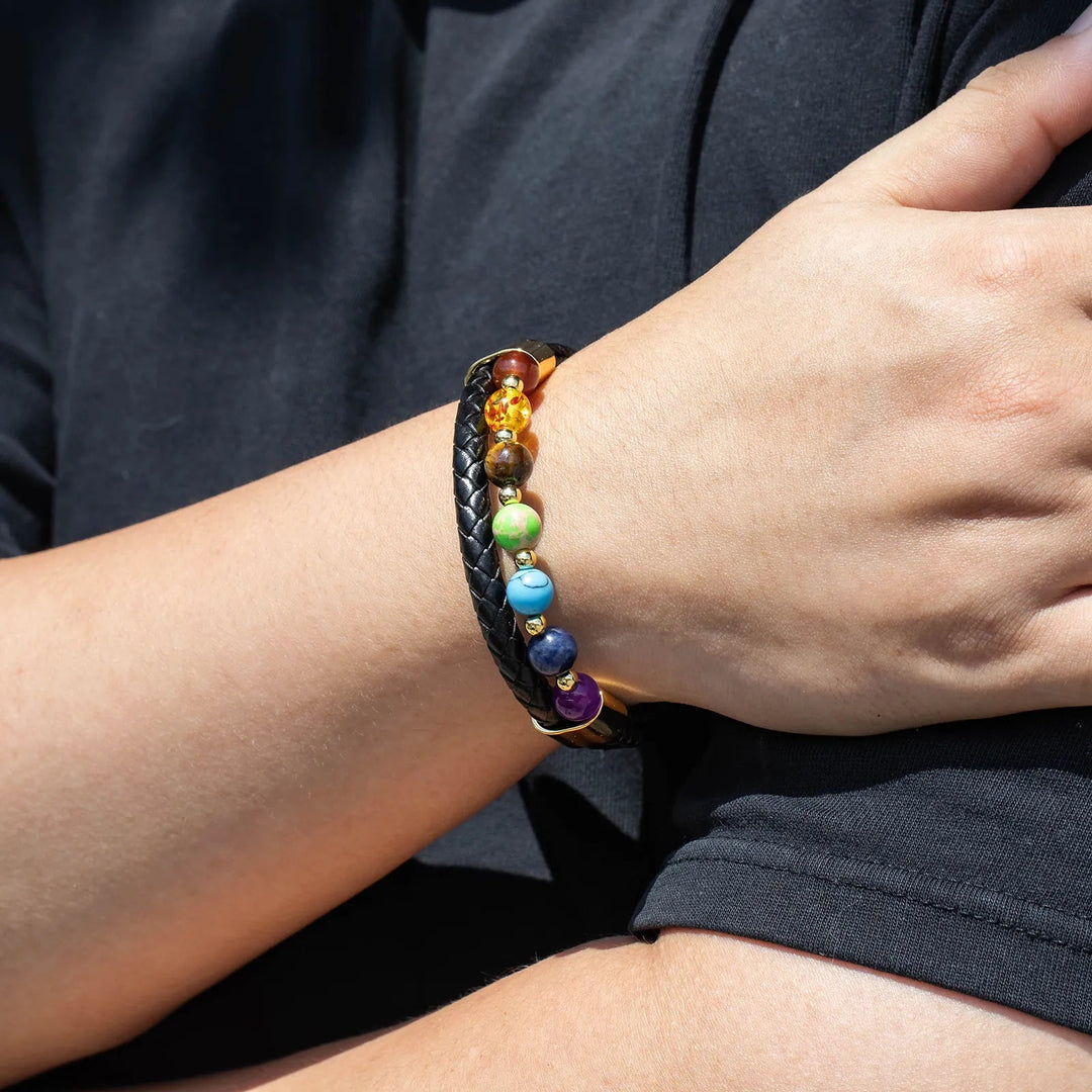 Natural Stone Leather Bracelet Woven Wrist Band for Men | Soria Jewelry