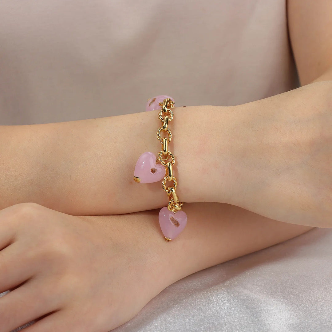 Beaded Bracelet for Women | Delicate Pink Hearts Charm Bracelet | Soria Jewelry