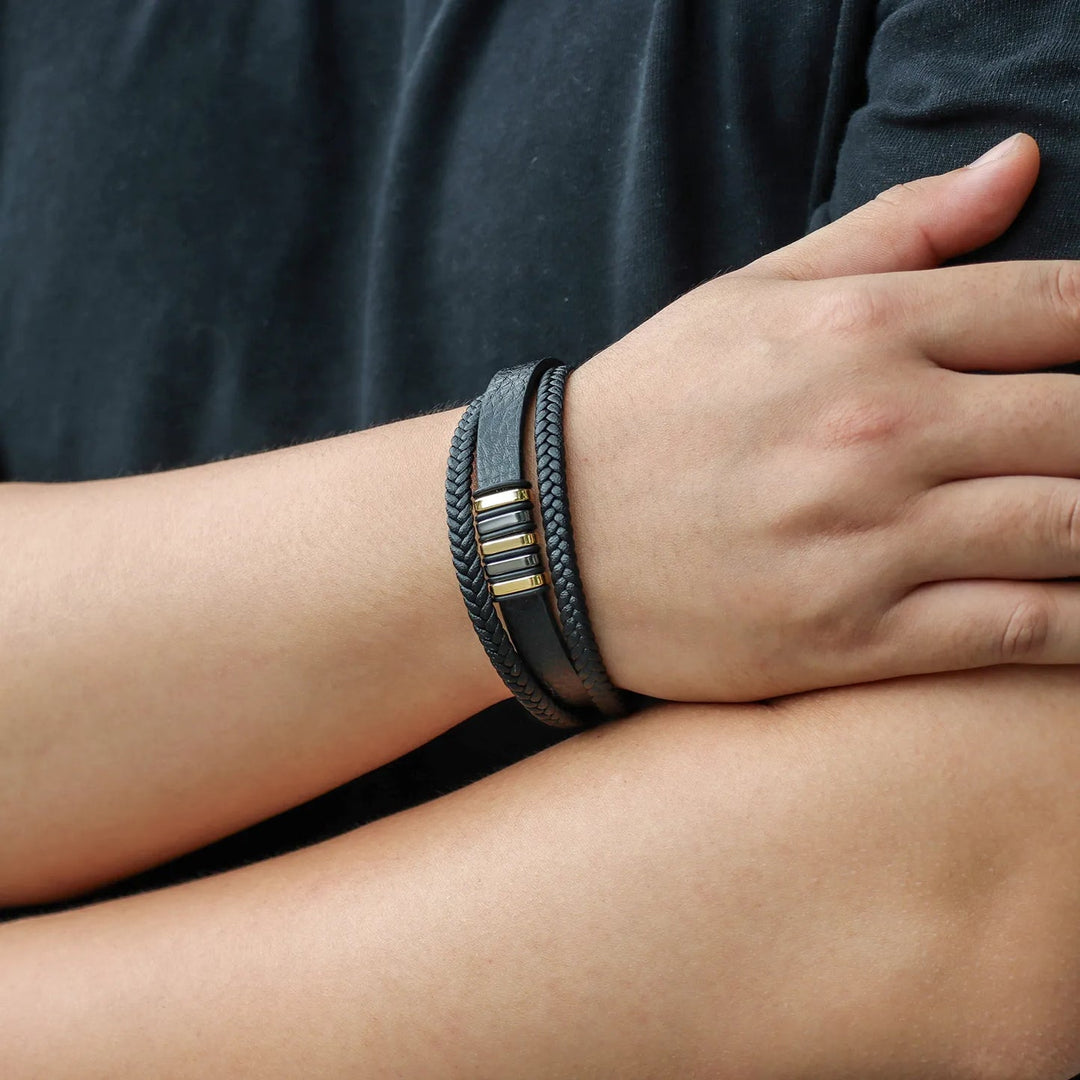 Black Braided Leather Bracelet with Multi Layered for Men | Soria Jewelry