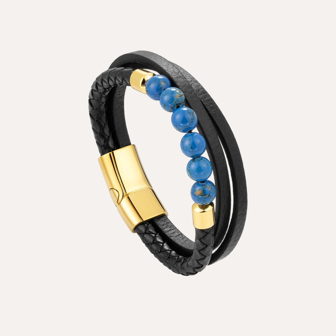 Lapis Lazuli Stone Bracelet with Black Leather for Men | Soria Jewelry
