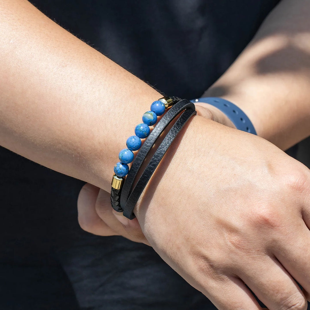 Lapis Lazuli Stone Bracelet with Black Leather for Men | Soria Jewelry