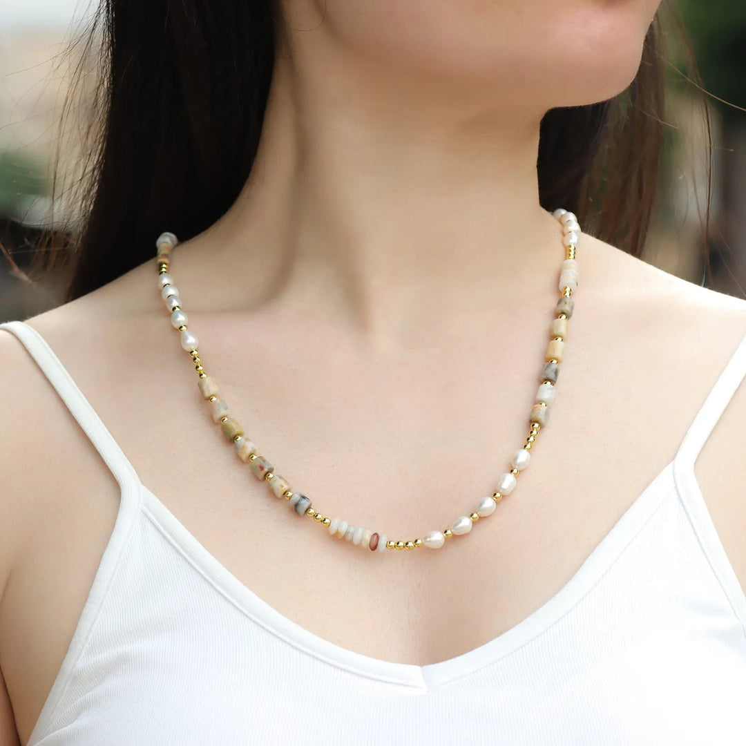 Pearl Necklace for Women | Boho Gold Chain Mixed Stone Design | Soria Jewelry