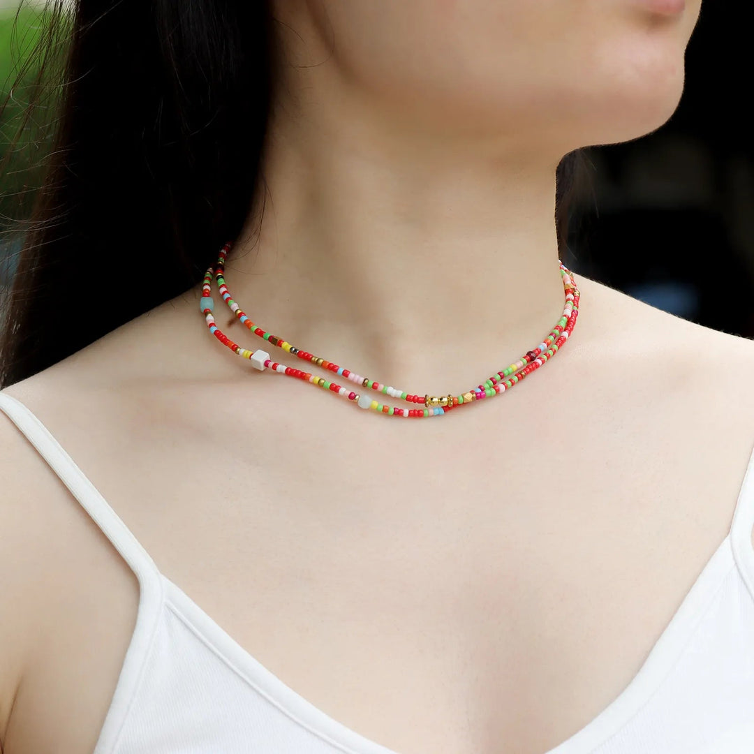 Double Layer Necklace for Women | Boho Rainbow Beaded Design | Soria Jewelry