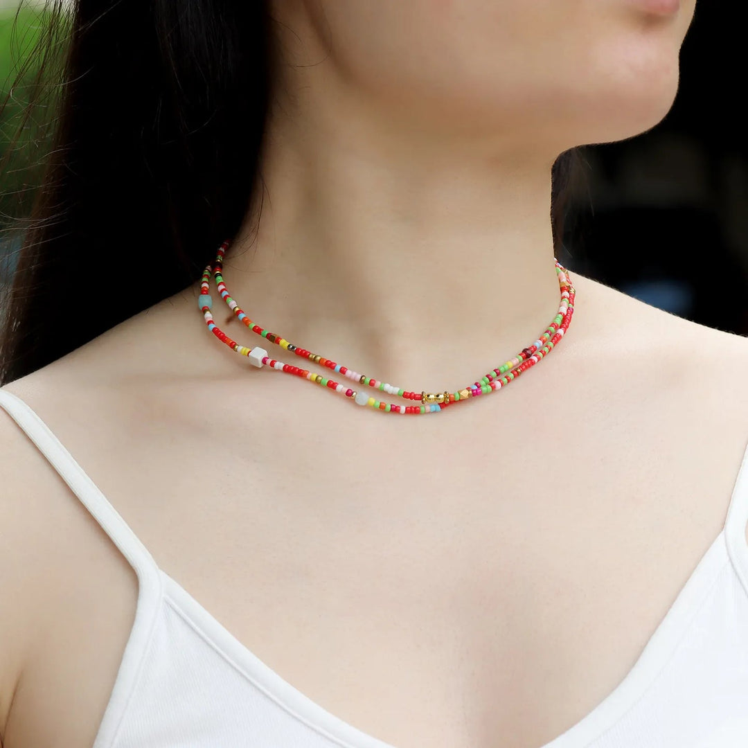 Double Layer Necklace for Women | Boho Rainbow Beaded Design | Soria Jewelry