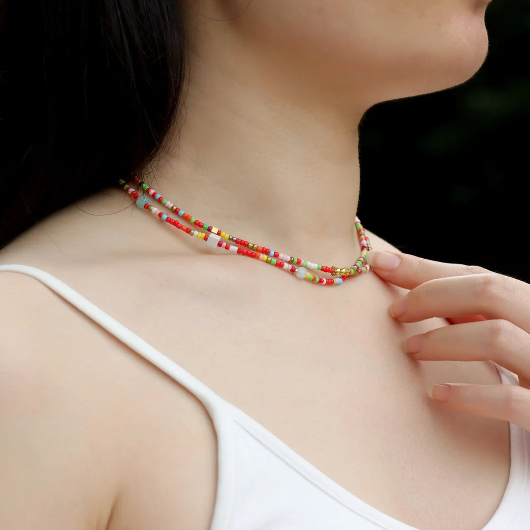 Double Layer Necklace for Women | Boho Rainbow Beaded Design | Soria Jewelry