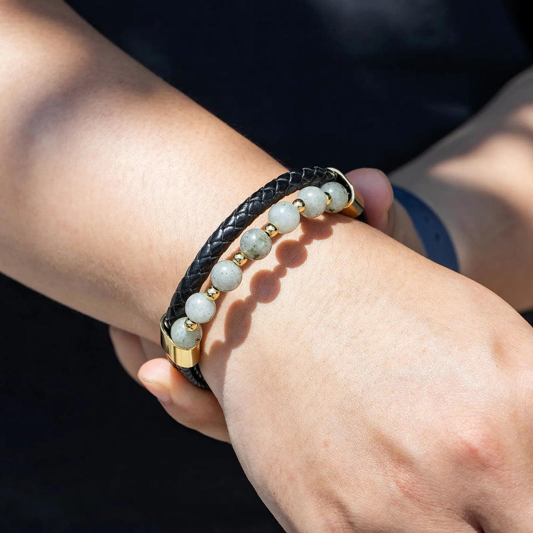 Natural Stone Leather Bracelet Woven Wrist Band for Men | Soria Jewelry