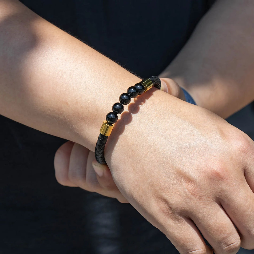 Black Stone Braided Leather Bracelet for Men | Soria Jewelry