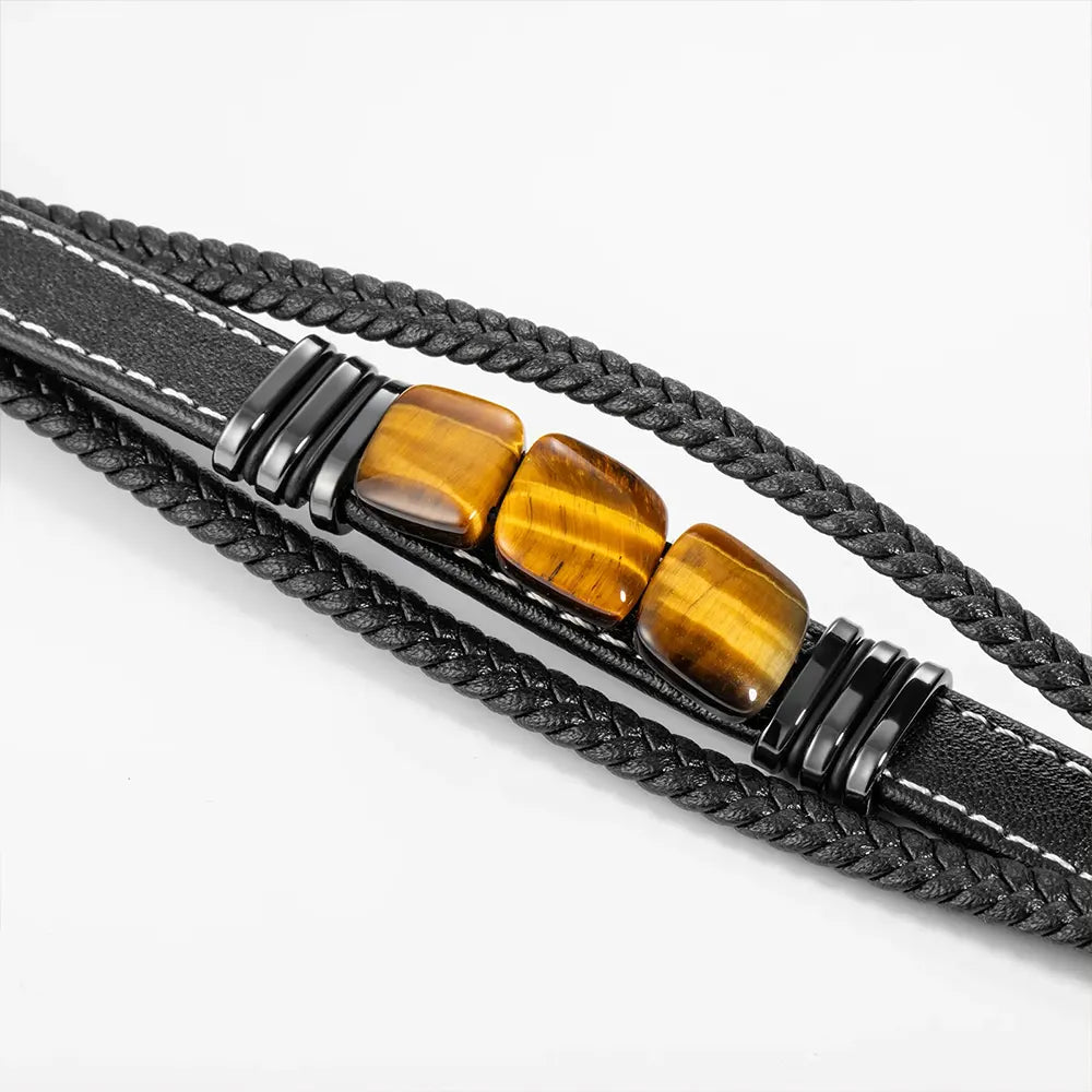 Braided Tiger Eye Stones Leather Bracelet with Multi Layer for Men | Soria Jewelry