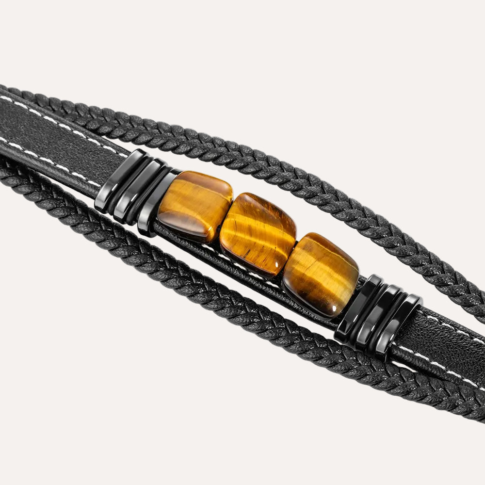 Braided Tiger Eye Stones Leather Bracelet with Multi Layer for Men | Soria Jewelry