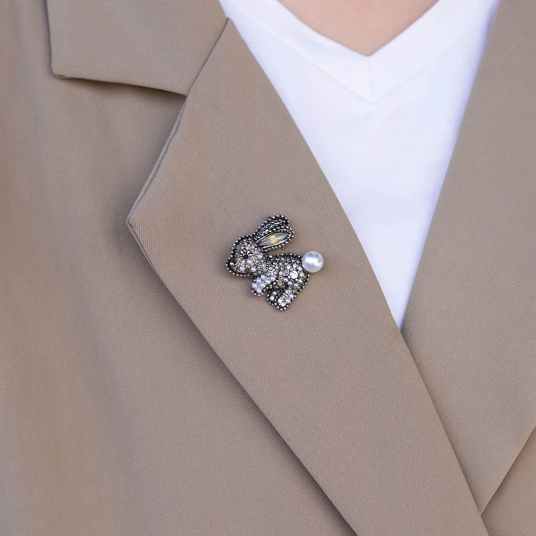 Rabbit Brooch for Women | Cute Animal Pearl Crystal Pin | Soria Jewelry