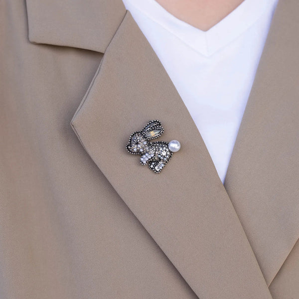 Rabbit Brooch for Women | Cute Animal Pearl Crystal Pin | Soria Jewelry