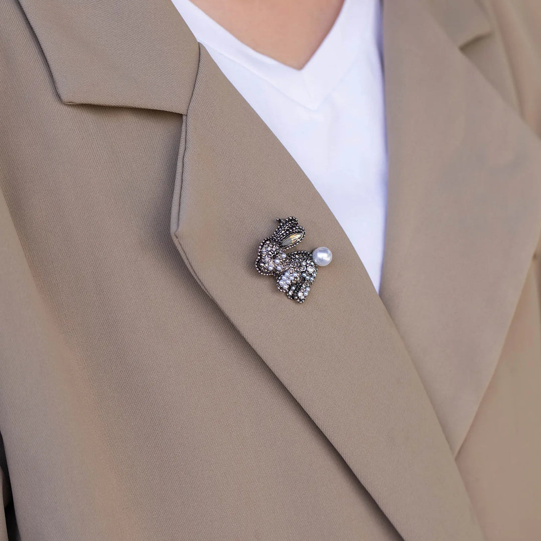 Rabbit Brooch for Women | Cute Animal Pearl Crystal Pin | Soria Jewelry