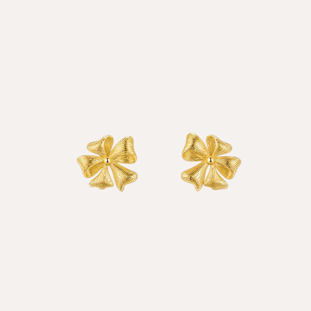 Flower Earrings with Gold Tone Textured Ribbon Studs for Women | Soria Jewelry