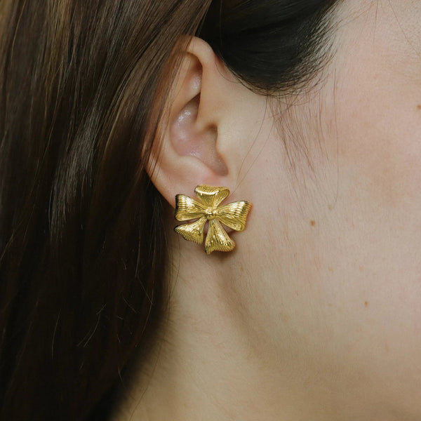 Flower Earrings with Gold Tone Textured Ribbon Studs for Women | Soria Jewelry