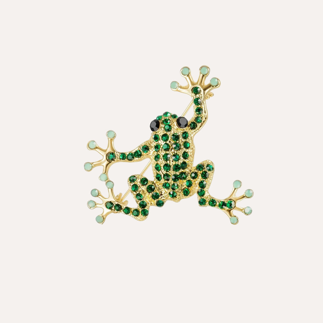 Frog Brooch Pin with Green Crystal and Gold Tone Design for Women | Soria Jewelry