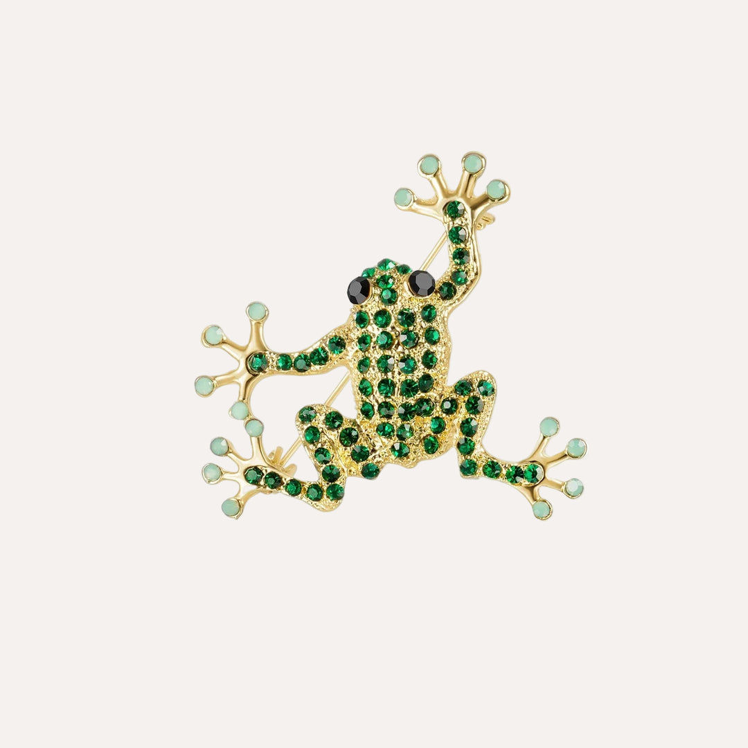 Frog Brooch Pin with Green Crystal and Gold Tone Design for Women | Soria Jewelry