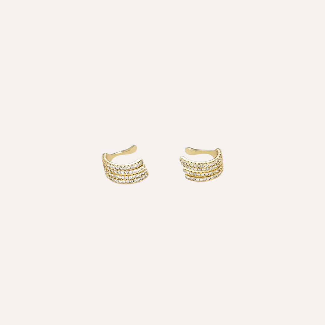 Gold Clip on Earrings with Four Row Pave Zircon Design for Women | Soria Jewelry