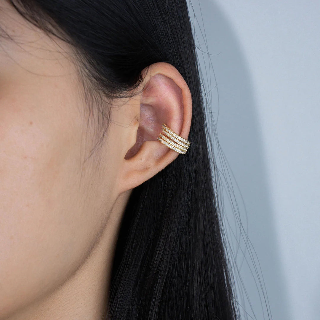 Gold Clip on Earrings with Four Row Pave Zircon Design for Women | Soria Jewelry