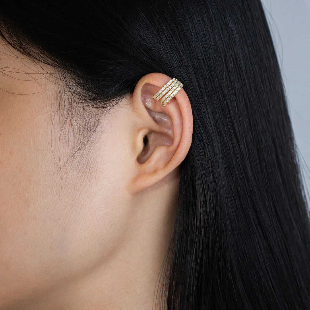 Gold Clip on Earrings with Four Row Pave Zircon Design for Women | Soria Jewelry