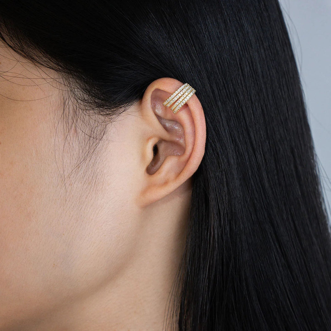 Gold Clip on Earrings with Four Row Pave Zircon Design for Women | Soria Jewelry