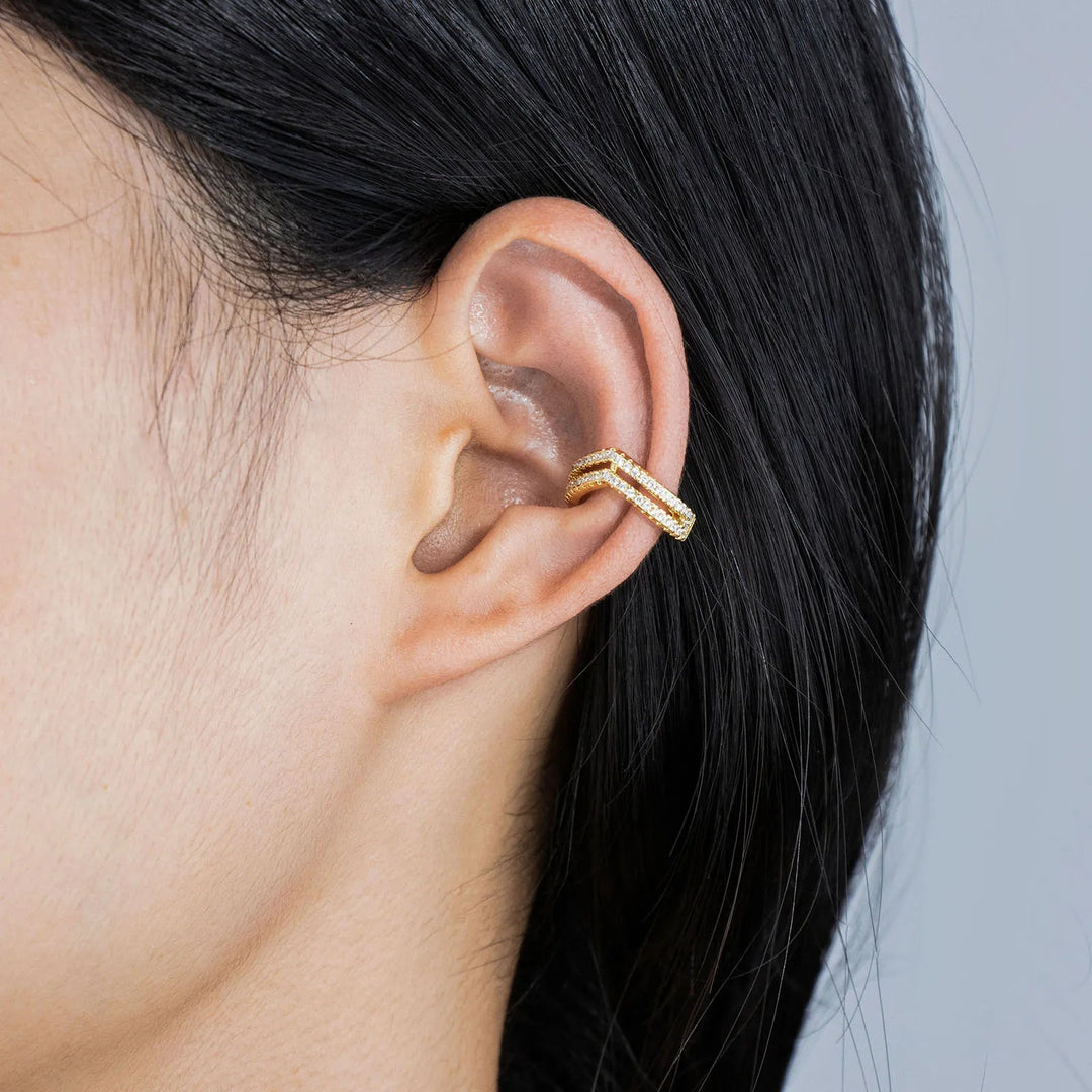 Gold Clip on Earrings with Double Row Pave Zircon Design for Women | Soria Jewelry