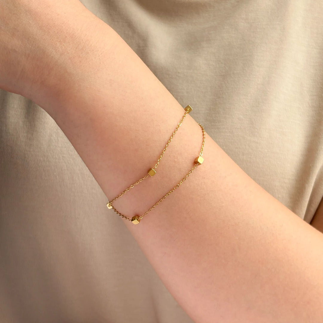 Double Layer Chain Bracelet with 18K Gold Tone Cube Beads for Women | Soria Jewelry