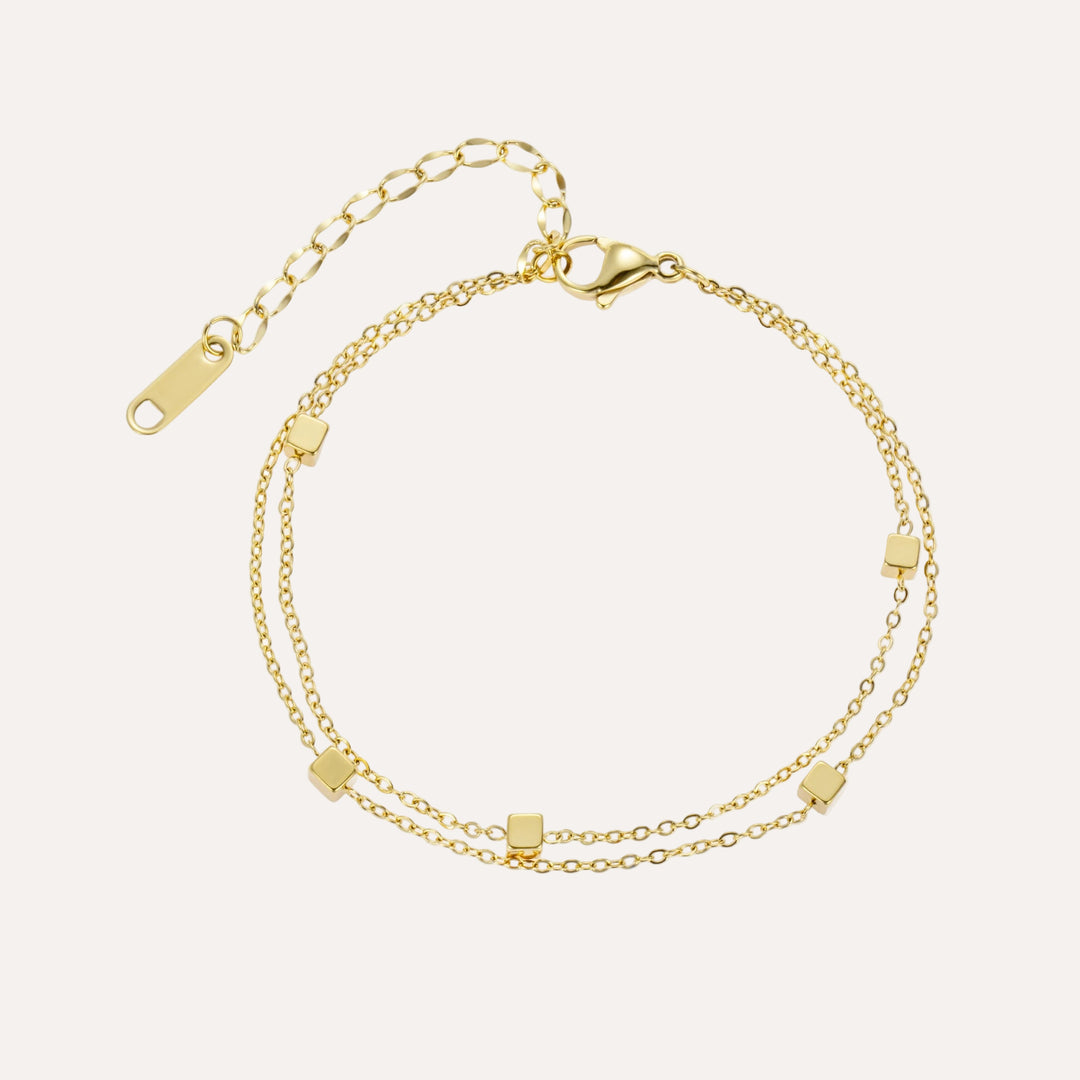 Double Layer Chain Bracelet with 18K Gold Tone Cube Beads for Women | Soria Jewelry