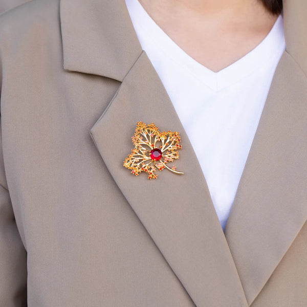 Maple Leaf Brooch for Women | Dainty Red Zircon Design | Soria Jewelry