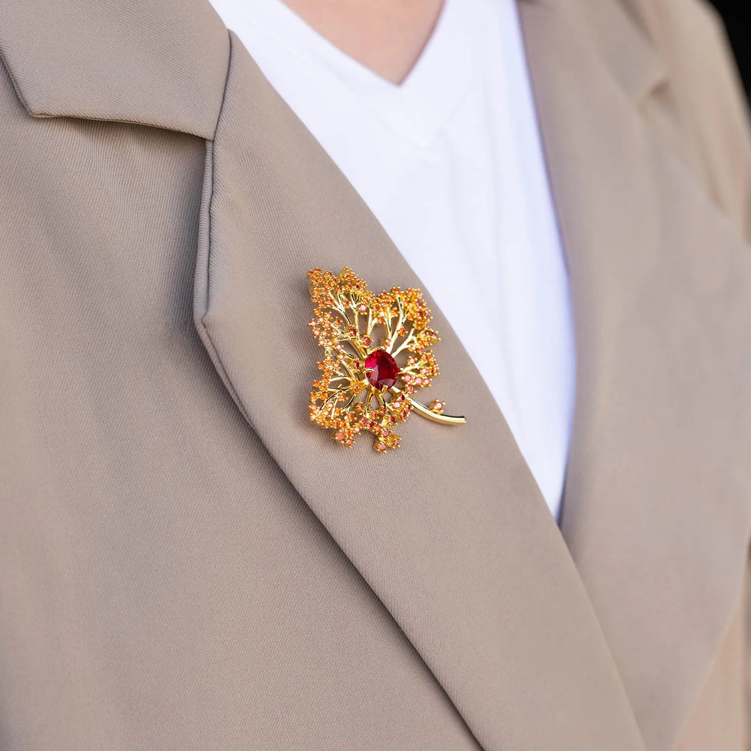 Maple Leaf Brooch for Women | Dainty Red Zircon Design | Soria Jewelry