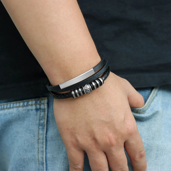 Black Leather Bracelet with Multi Layer Design for Men | Soria Jewelry