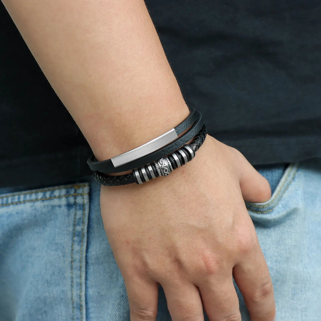 Black Leather Bracelet with Multi Layer Design for Men | Soria Jewelry