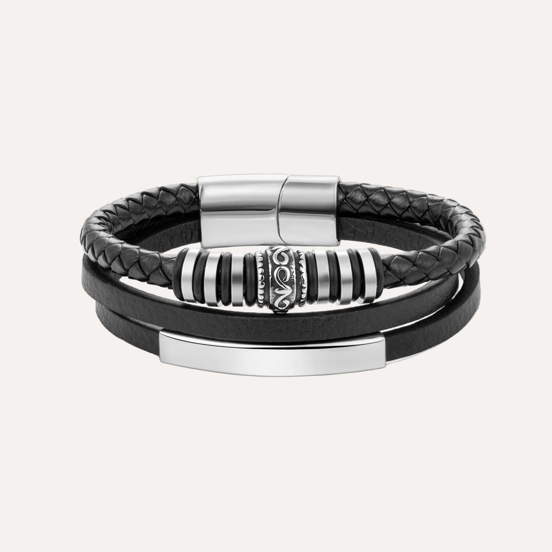 Black Leather Bracelet with Multi Layer Design for Men | Soria Jewelry