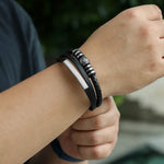 Load image into Gallery viewer, Black Leather Bracelet with Multi Layer Design for Men | Soria Jewelry
