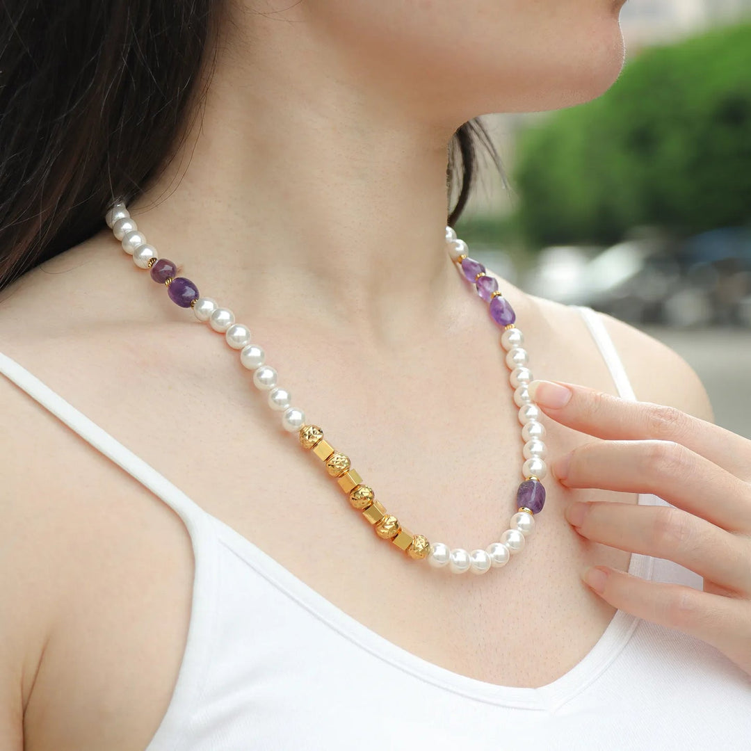 Pearl Necklace with Purple Stone for Women | Soria Jewelry