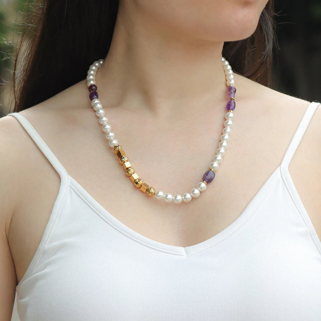 Pearl Necklace with Purple Stone for Women | Soria Jewelry
