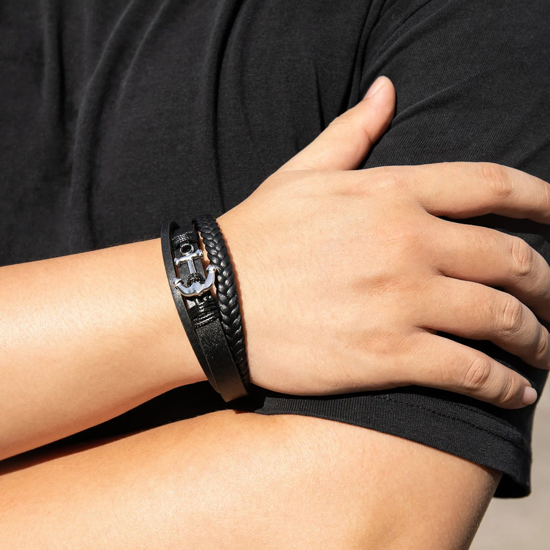 Leather Anchor Bracelet for Men | Punk Multilayer Braided Design | Soria Jewelry