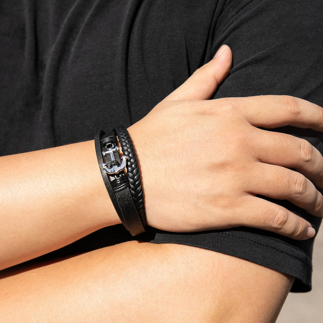 Leather Anchor Bracelet for Men | Punk Multilayer Braided Design | Soria Jewelry