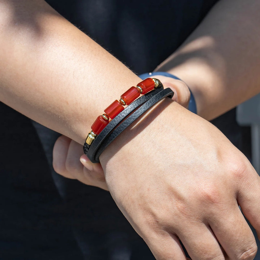 Red Agate Leather Bracelet with Braided Style for Men | Soria Jewelry