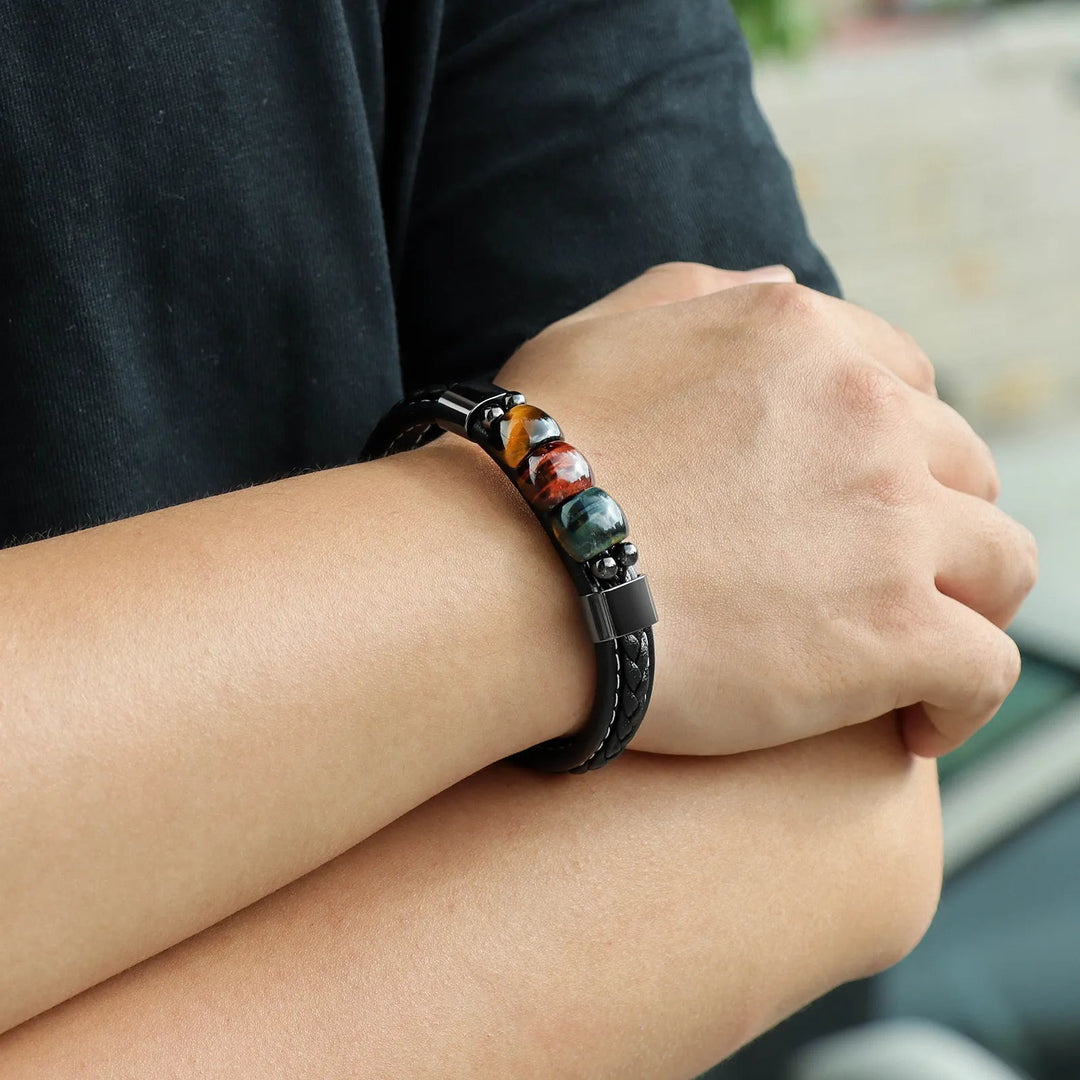 Tiger Eye Leather Black Bracelet for Men | Soria Jewelry
