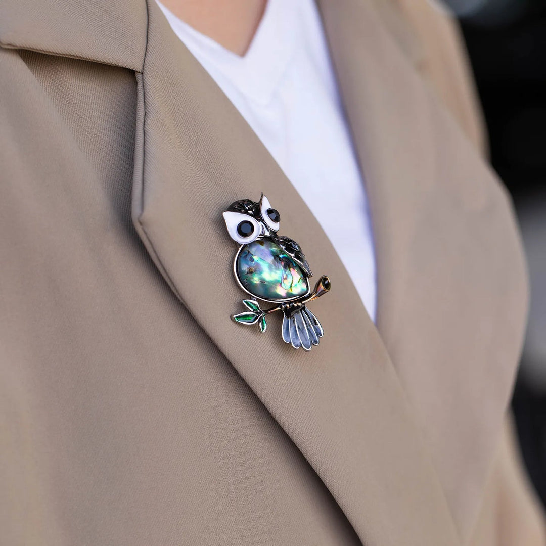 Abalone Shell Owl Brooch for Women | Unique Animal Pin | Soria Jewelry
