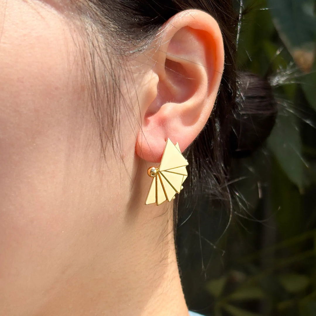Fan Shaped Earrings for Women | Unique Gold Tone Stud Earrings | Soria Jewelry