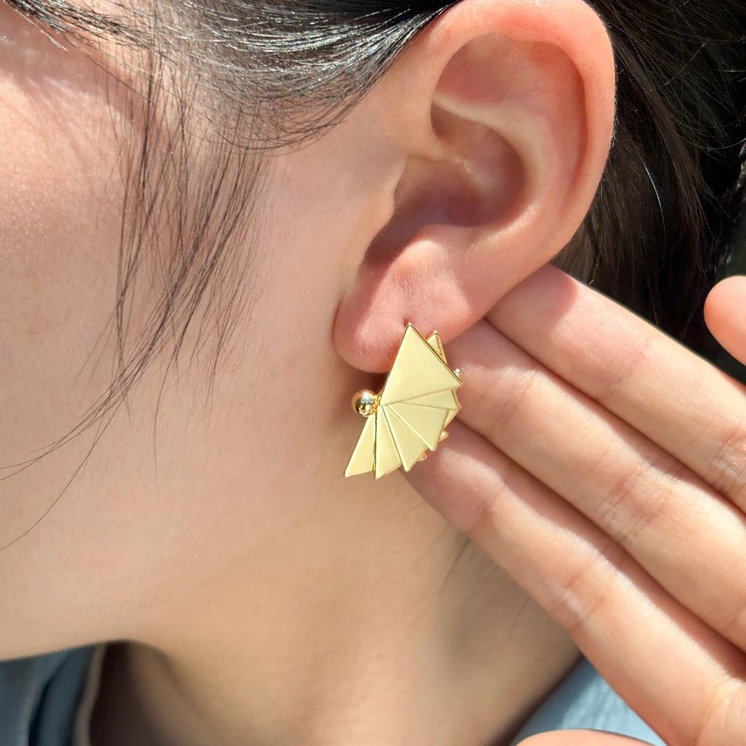 Fan Shaped Earrings for Women | Unique Gold Tone Stud Earrings | Soria Jewelry