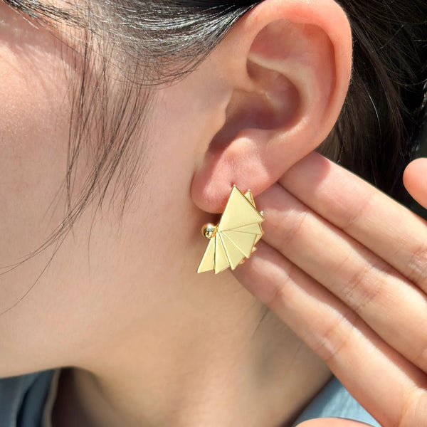 Fan Shaped Earrings for Women | Unique Gold Tone Stud Earrings | Soria Jewelry