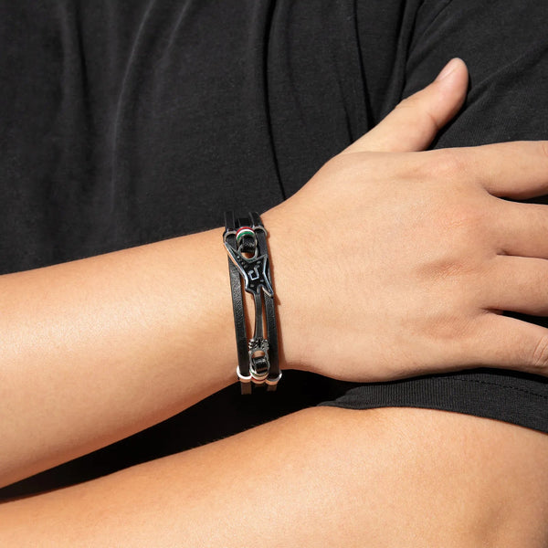 Black Leather Bracelet for Men | Unique Guitar Rock Style Design | Soria Jewelry