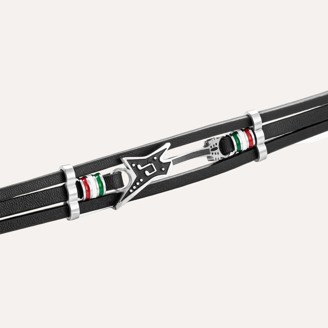 Black Leather Bracelet for Men | Unique Guitar Rock Style Design | Soria Jewelry