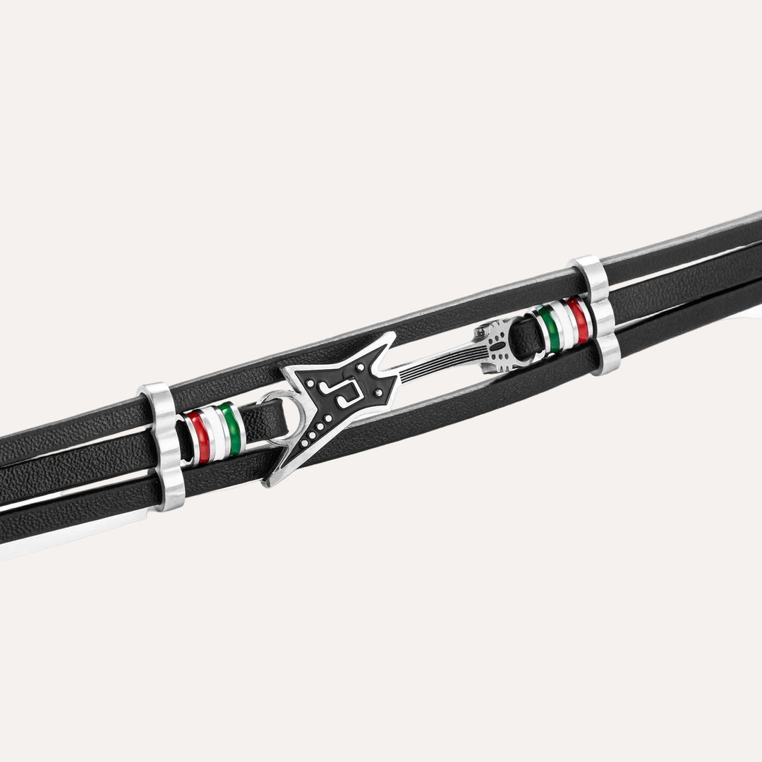Black Leather Bracelet for Men | Unique Guitar Rock Style Design | Soria Jewelry