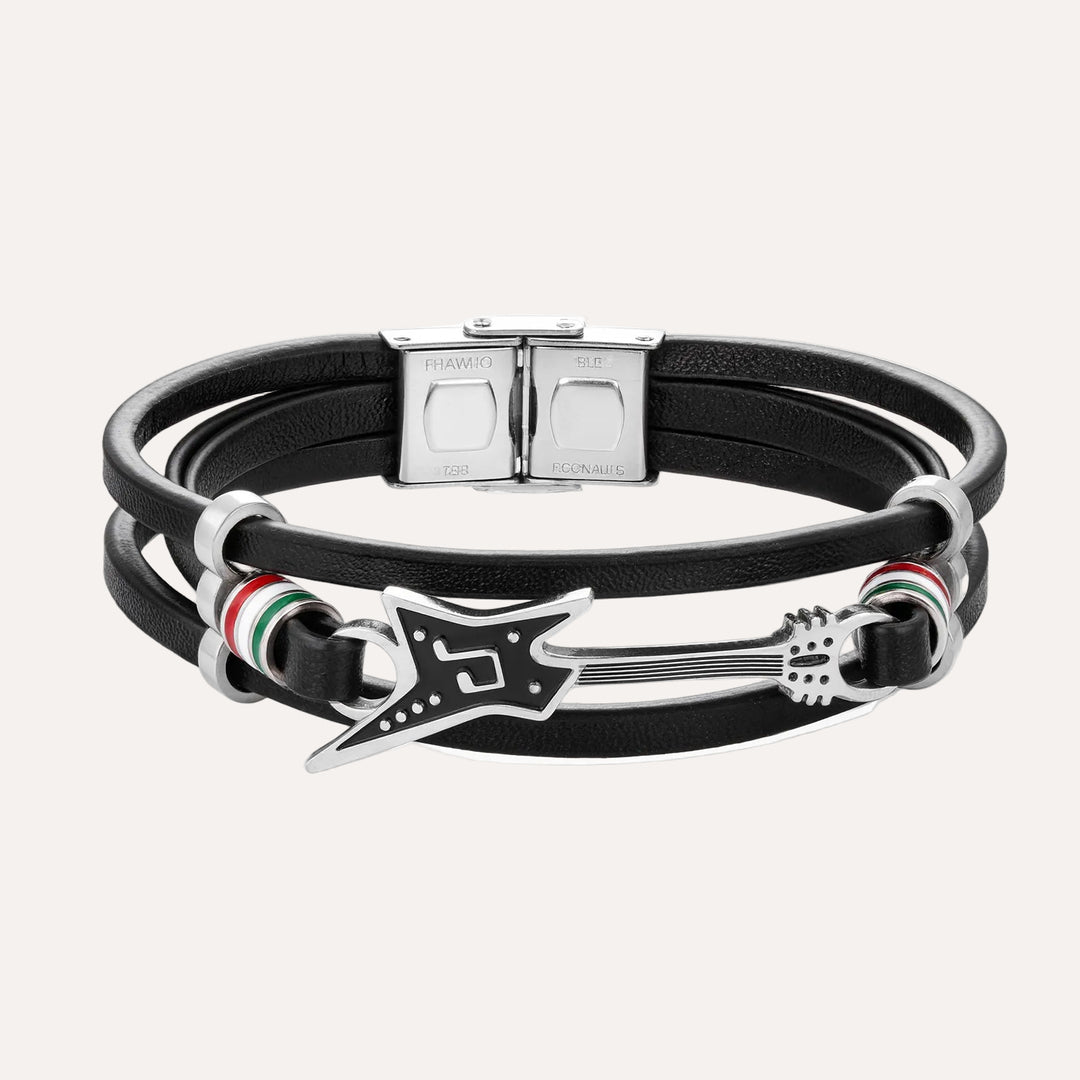 Black Leather Bracelet for Men | Unique Guitar Rock Style Design | Soria Jewelry