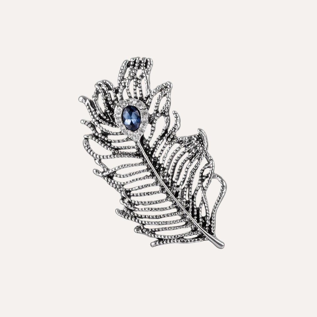 Vintage Feather Brooch with Silver Tone and Blue Crystal for Women | Soria Jewelry