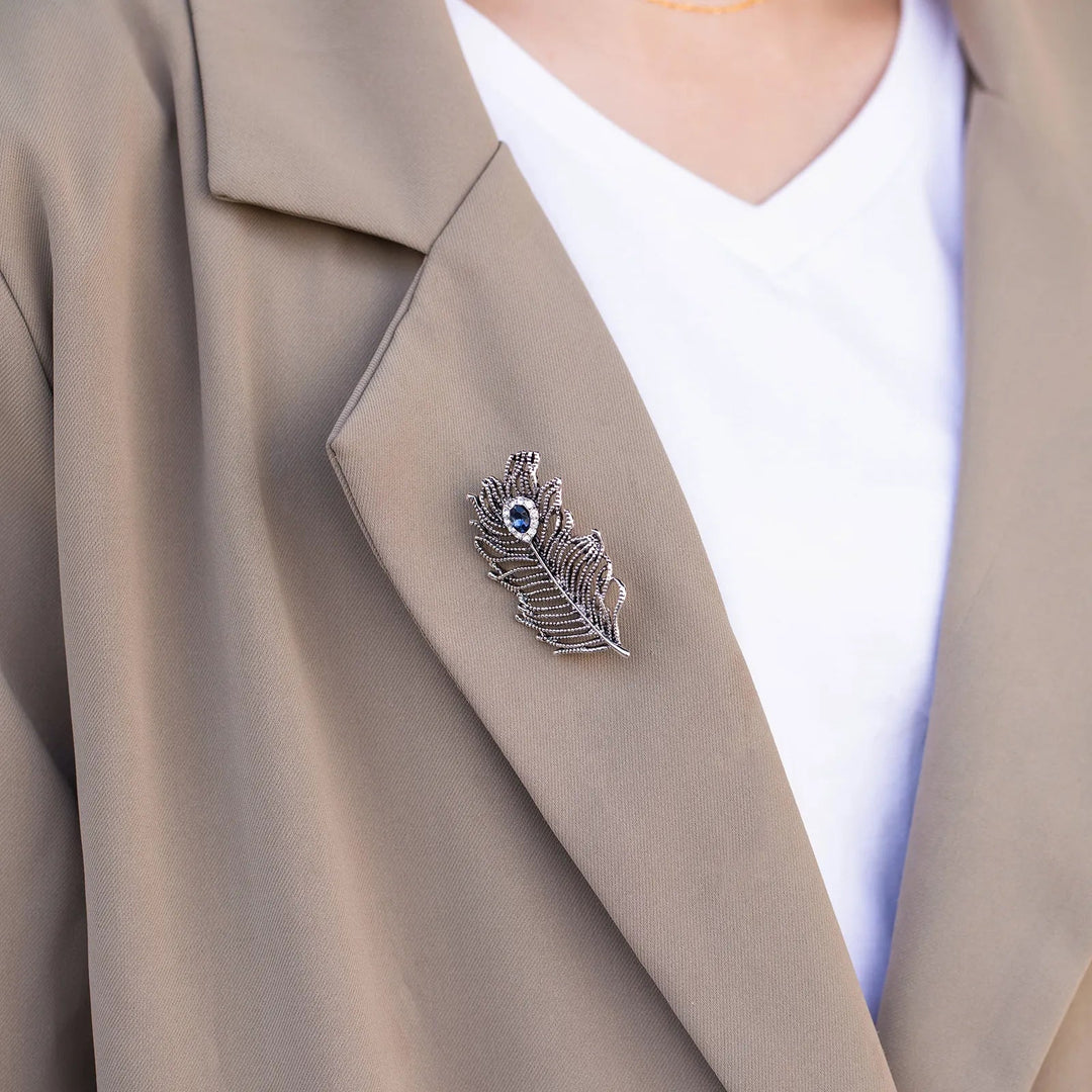 Vintage Feather Brooch with Silver Tone and Blue Crystal for Women | Soria Jewelry