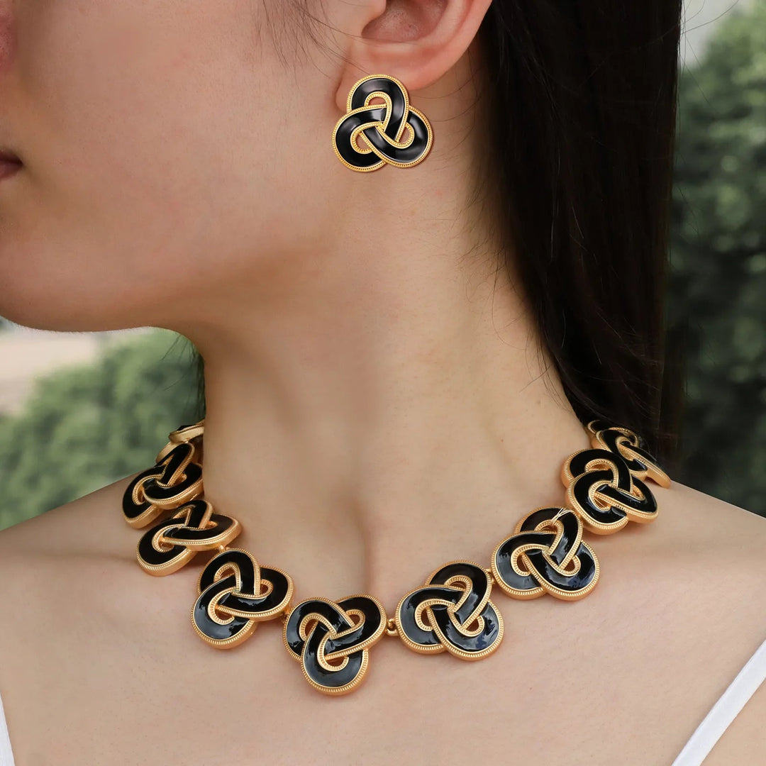 Vintage Necklace Earrings Set for Women | Gold Black Irregular Triangle Design | Soria Jewelry